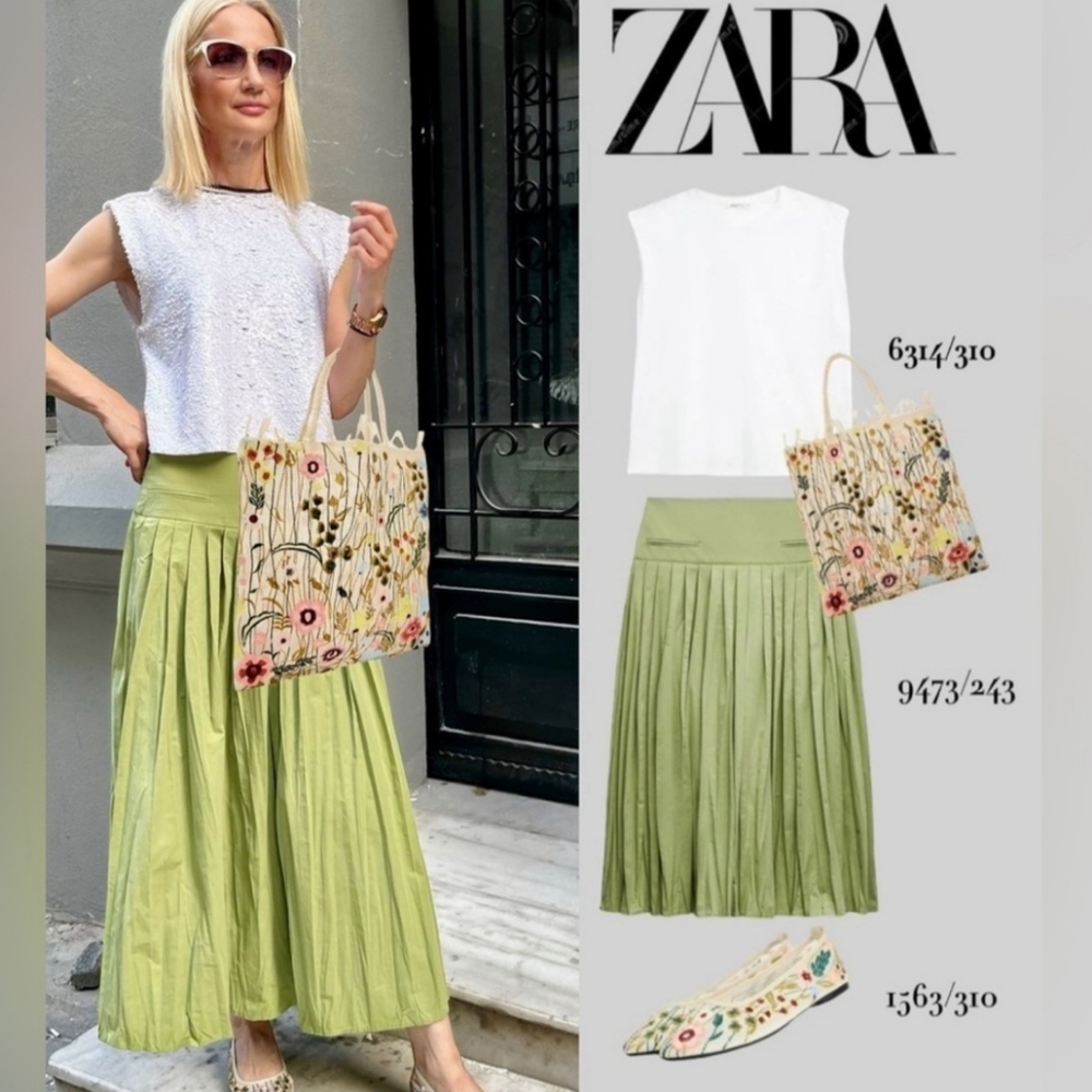 Zara Green Yoke Detail Pleated Skirt ZW Collection Size Large - Picture 4 of 16
